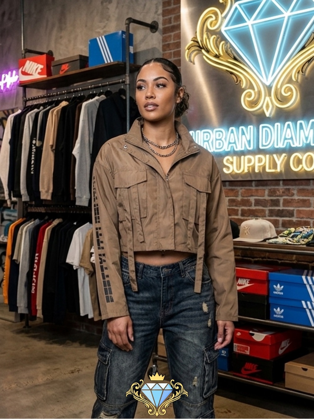 PrettyLittleThing Cropped Utility Jacket - Brown Khaki (Size 6)